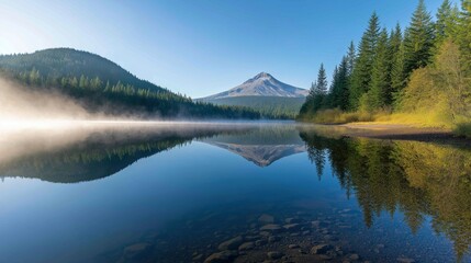 Trillium Lake in Oregon USA with Mount Hood and surrounding forest reflected on its calm surface on an early morning