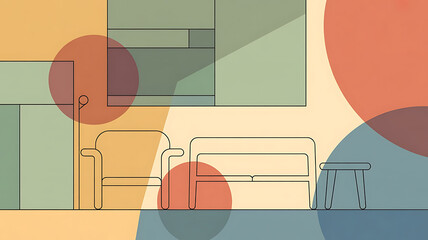 Minimalist interior with abstract shapes and furniture in pastel colors