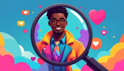 a magnifying image of a man with afro wearing a colorful jacket and tie, surrounded by colorful hearts