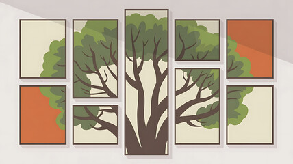 Abstract Tree with Green Leaves and Orange Background branches