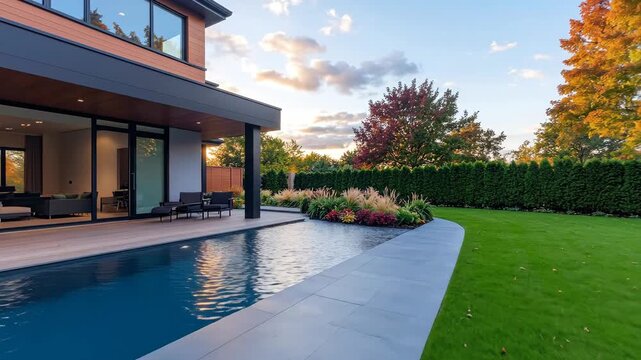 Modern home with a sleek pool and manicured lawn at sunset, showcasing outdoor living.