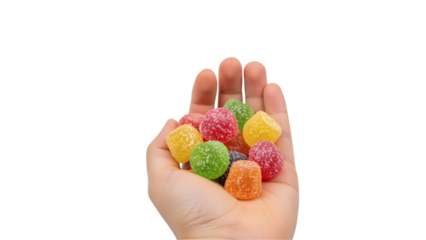 Close-up of a hand offering a generous handful of colorful, sugary, and spherical confections. The candies are small with a sugary coating, presented against a black background
