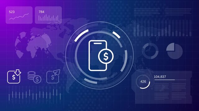 Mobile banking and digital payment technology concept on futuristic purple dashboard