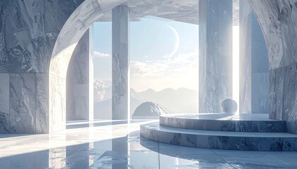 a stunning outdoor scene featuring mountains and a bright sun through an archway