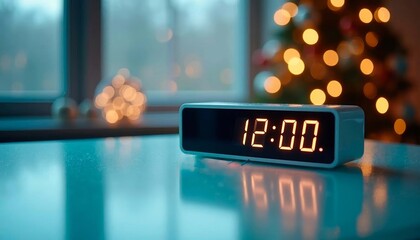 Digital alarm clock displaying 12:00 on table with Christmas tree  