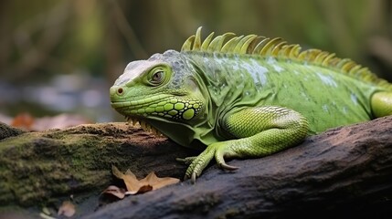 Fototapeta premium Vivid green iguana resting on a mossy log in a tropical forest scene