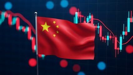 Chinese flag on a pole with stock market data and graphs in the background representing economy and finance