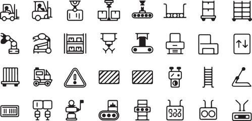 Industrial and Logistics Outline Icons on White Background Keywords: forklift, crane, hoist, conveyor belt, trolley