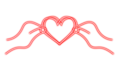 Two hands forming a heart shape with glowing red neon on transparent background