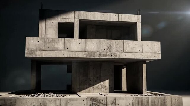 Modern concrete building structure with minimalist design, showcasing architectural form and material texture against a dark background.