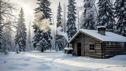 Snowy Forest Cabin with Smoking Chimney and Tall Pine Trees in Winter