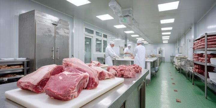 Fresh cuts of meat displayed on a countertop in a clean, modern butcher shop, with professional staff preparing products in a well-lit environment showcasing food processing