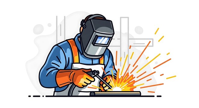 Welder working with protective gear in workshop. - Powered by Adobe