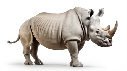 Obraz premium White Rhinoceros Standing in Profile Featuring Large Curved Horn and Thick Folded Skin