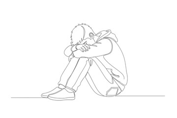 Obraz premium Continuous Line Drawing of a Sad and Depressed Young Man Sitting Huddled, Symbolizing Loneliness and Mental Health Struggles
