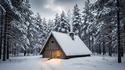 Snowy Forest Cabin with Warm Light Emitting from Window at Dusk