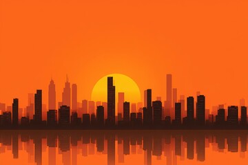Dramatic city skyline bathed in orange glow as the sun sets behind tall buildings in a vibrant urban landscape of Florida