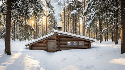 Snowy Forest Cabin with Smoking Chimney at Sunset in Winter Wonderland