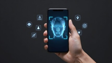A hand holding a smartphone displaying a biometric face recognition interface with digital icons surrounding it.