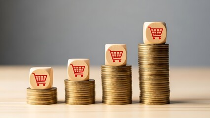 Increasing sales and growth concept with shopping carts on stacked coins