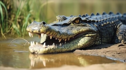 Fototapeta premium A close-up of a crocodile with its mouth agape near the muddy riverbank in shallow water