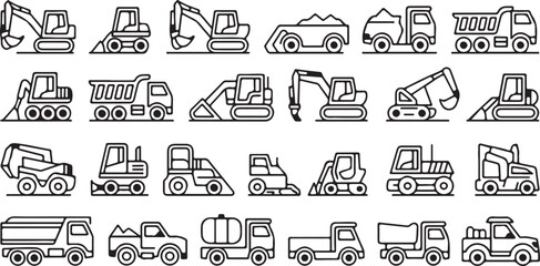 Set of Outline Icons Representing Construction and Heavy Machinery Vehicles excavator