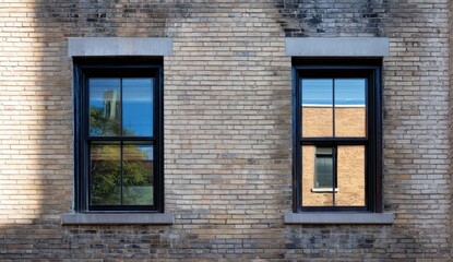 Symmetrical Black-Framed Windows Reflecting Sky and City on Textured Brick Facade.