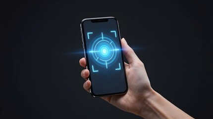 A hand holding a smartphone displaying a blue target symbol on the screen against a dark blue background