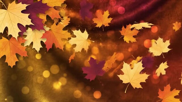 Elegant autumn abstract motion design with drifting colorful leaves, warm fall palette, calm flowing movement, seasonal creative background