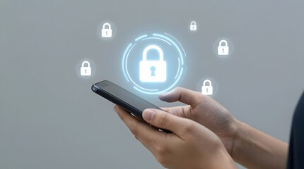Secure mobile device with glowing lock icon displayed above a smartphone held by a person's hands