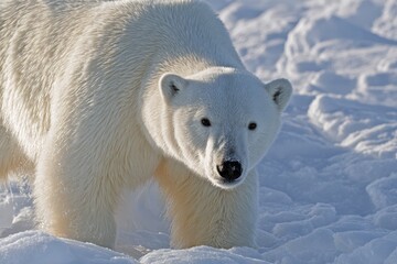 Majestic polar bear roaming the snow-covered landscapes of Svalbard, Norway under clear, bright skies