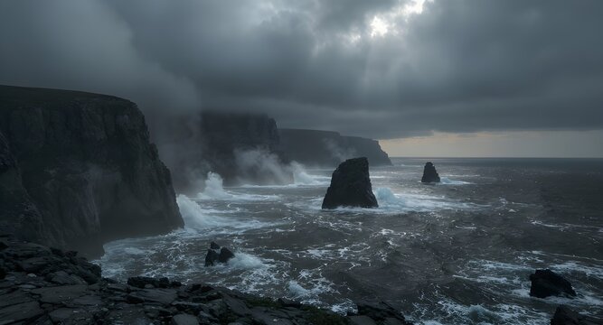 Stormy Seascape of Waves Crashing against Dokdo Islets from Ulleungdo, Korea