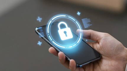 A person holds a smartphone with a digital lock symbol on the screen, representing secure and protected data