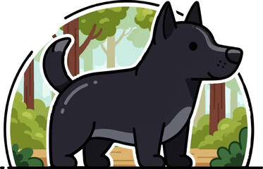 A cute, stylized black dog stands in a cartoon forest setting, looking alert and curious