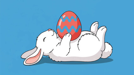 A cute white rabbit lying on its back, holding a vibrant red and blue patterned egg against a blue background