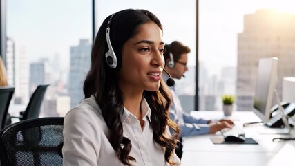 A smiling woman handling phone calls at a call center (job, operator, customer support)