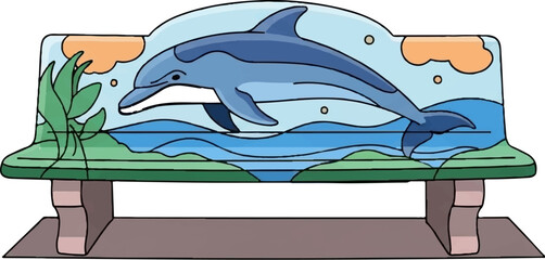 A decorative park bench backrest featuring a cartoon dolphin leaping above ocean waves, surrounded by clouds and plants