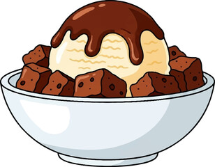 A delightful cartoon illustration of a vanilla ice cream scoop topped with chocolate sauce and brownie chunks in a white bowl