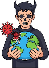 A demonic skeletal figure in a dark shirt holds the Earth, which is being severely damaged by a red virus
