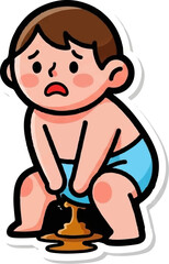 A distressed cartoon baby in a blue diaper squatting, visibly peeing a brown liquid on the ground