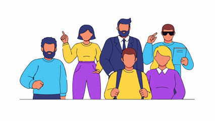 A diverse group of animated individuals in colorful attire, some gesturing, others observing, on a white background