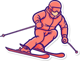 A dynamic illustration of a person skiing downhill, wearing a full suit, helmet, and goggles