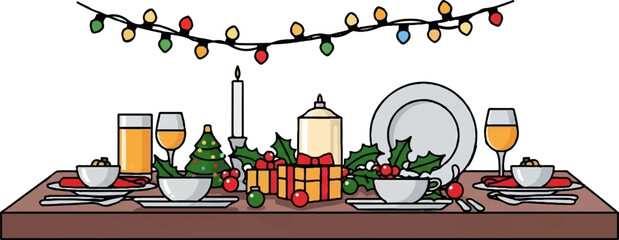 A festive cartoon dining table set for a holiday meal, adorned with lights, gifts, and holly