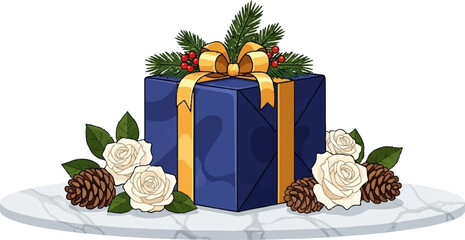 A festive blue gift box with a gold ribbon, evergreen, and berries, surrounded by white roses and pinecones on a marble surface