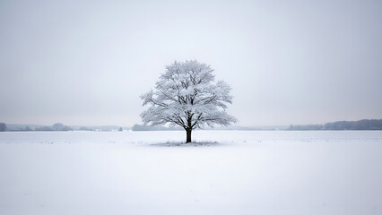 Snowy landscape with a single tree in winter serene and peaceful scene
