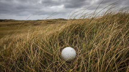 Golf ball resting in tall rough grass with cloudy sky