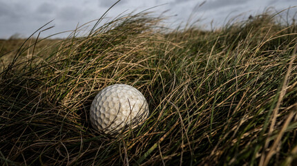 A worn golf ball lies deep within thick rough grass