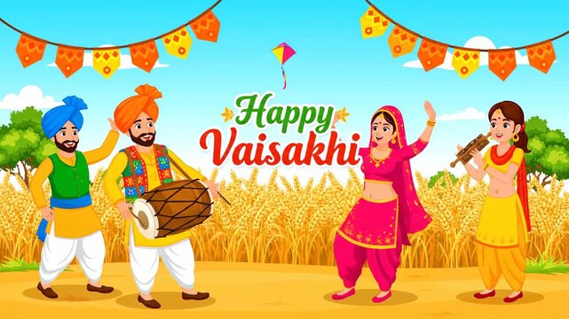 Happy Vaisakhi Celebration Punjabi Festival Cartoon Illustration