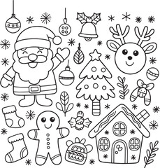 Fototapeta premium Christmas doodle icon set. Winter holiday elements, gifts and ornaments in hand drawn style. Vector illustration.