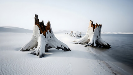 Snowy Landscape with Petrified Trees in Winter Wonderland